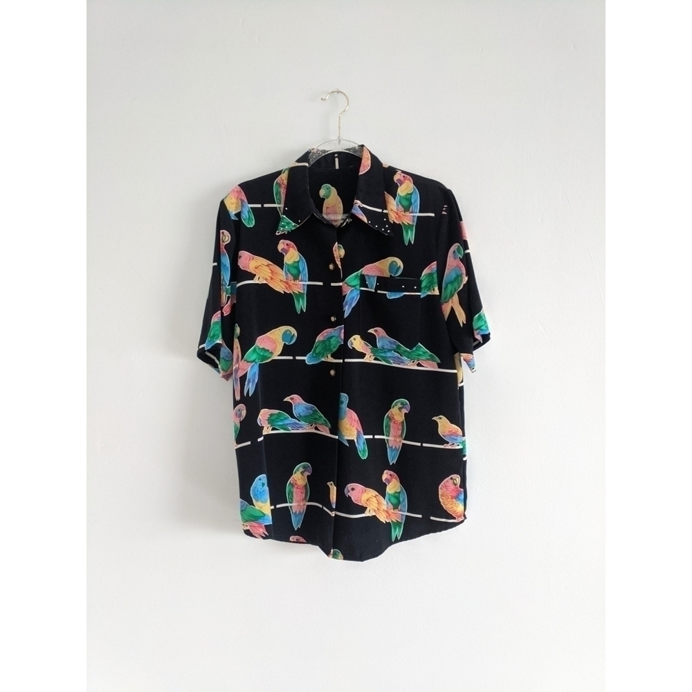 Black Tropical Parakeet Bird Print Button Up Top